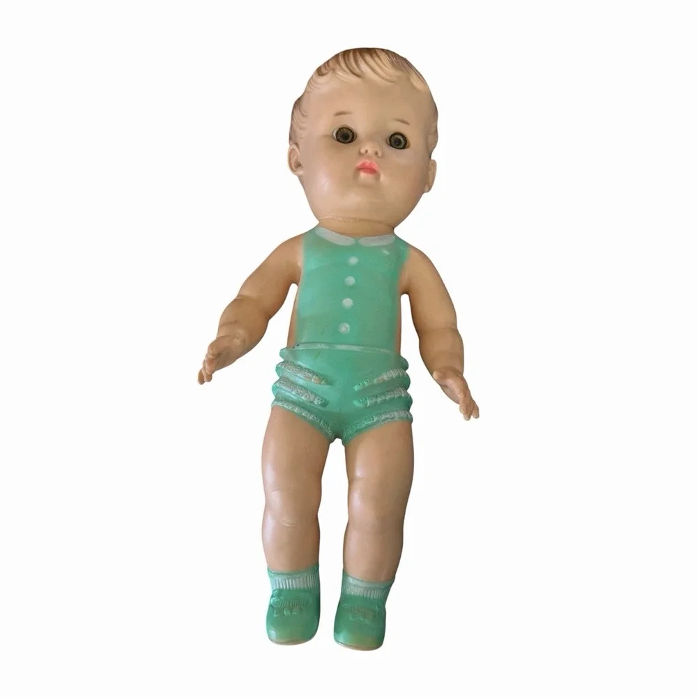 Vintage 1950s The Sun Rubber Baby Doll   Green‎ Romper MCM Toy 10